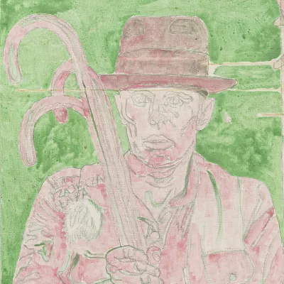 Obraz przedstawia Josepha Beuysa namalowanego różową farbą na zielonym tle