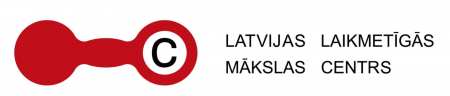 Czerwony, abstrakcyjny element i czarny napis na białym tle Latvijas Laikmetigas Makslas Centrs