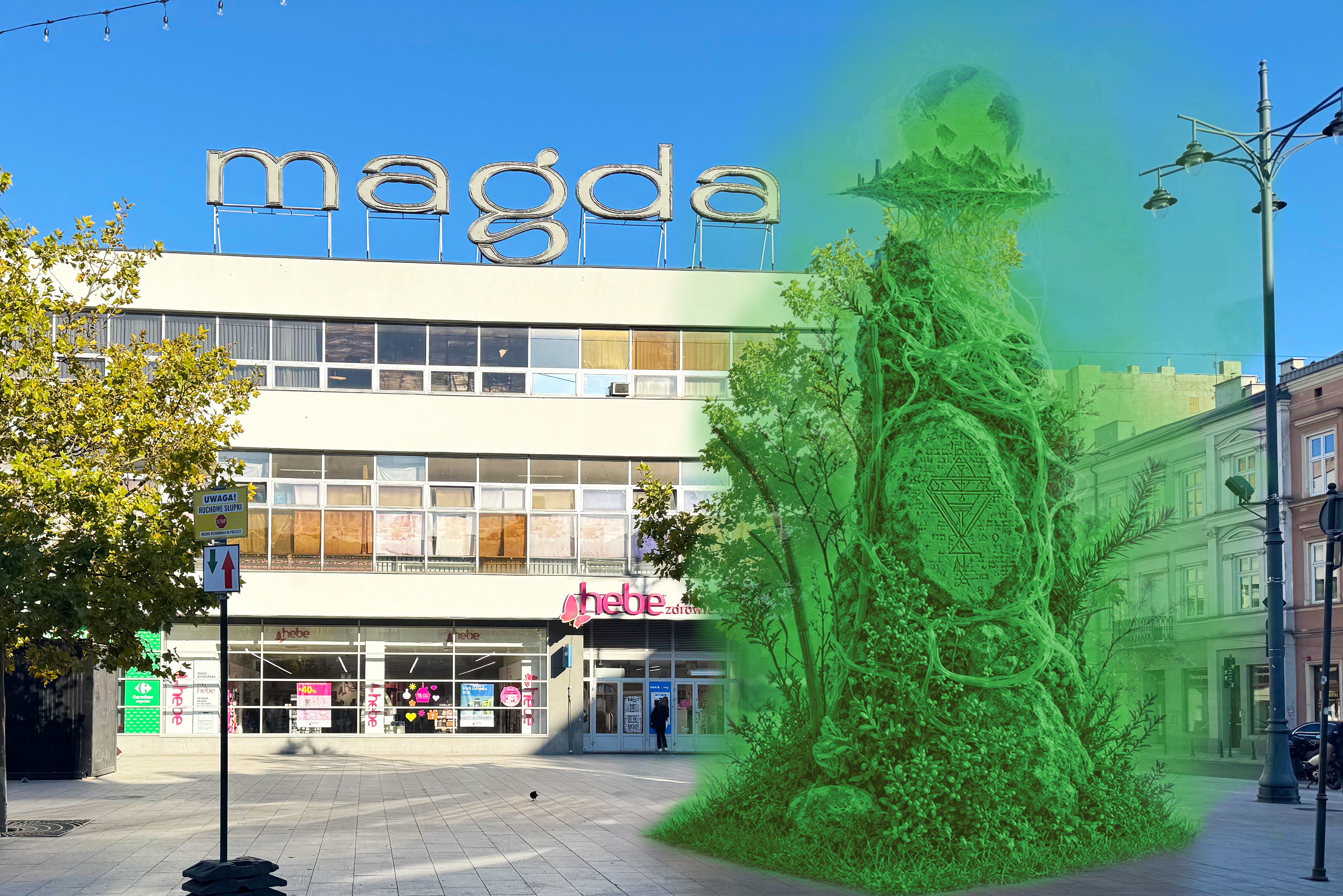 Obraz przedstawia miejską przestrzeń przed jasnym, kilkupiętrowym budynkiem handlowym z napisem „magda” na dachu. Po prawej stronie kompozycji nałożono półprzezroczystą, zieloną grafikę ukazującą fantastyczną, organiczną rzeźbę oplecioną roślinnością, z tajemniczymi płaskorzeźbami oraz globusem na szczycie.