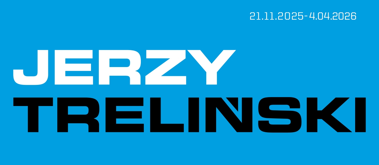 Blue background, with the white inscription Jerzy and the black inscription Treliński, and white dates in the upper right corner