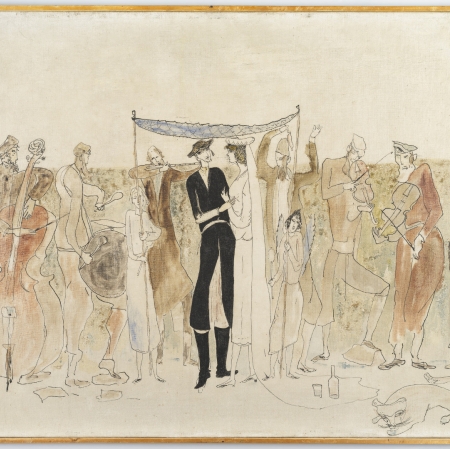 "Mazzal tow in Ostrog”, from the series: "Pictures on Jewish Subjects", 1966, oil painting, ink drawing, from the collection of Muzeum Sztuki, Łódź