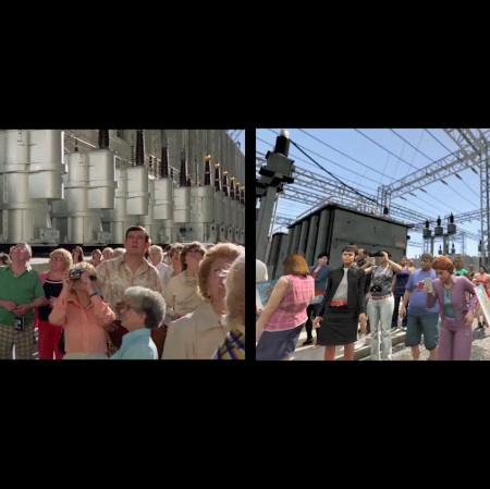 Alan Butler, „O ścisłości w nauce”, 2017, 2-kanałowa instalacja video HD, głośniki z dźwiękiem przestrzennym 5.1., edycja 5 + 1 A.P., „Koyaanisqatsi” (© IRE 1983, Wszystkie prawa zastrzeżone), dzięki uprzejmości Godfreya Reggio i Institute for Regional Education