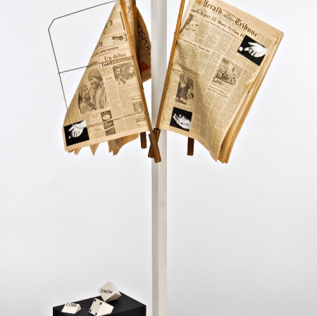 Peter Downsbrough, "Untitled", 1982, wood, metal, newspaper, photography, paints, collection of Muzeum Sztuki, Łódź
