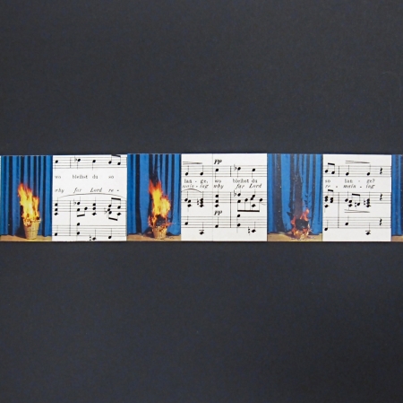 Gerhard Rühm, Bez tytułu, kolaż na czarnym kartonie, 30 x 40 cm, from the series geistliche gesänge, 1994, dzięki uprzejmości Christine König Galerie