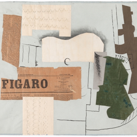 Pablo Picasso, " Bottle of Vieux Marc, Glass, Guitar and Newspaper", 1913, printed papers and ink on paper, courtesy of Tate Modern, London