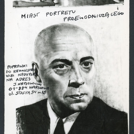 Dzieło, czarno białe zdjecie osoby i napisy. Jacek Kryszkowski, Podjąłem się rekonstrukcji najwybitniejszego dzieła Andrzeja Partuma, 1980, (t. 307), Muzeum Sztuki, Łódź