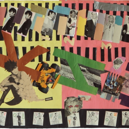 Jewgienij E-E Kozłow, KINO, technika mieszana, kolaż ze zdjęciami z sesji na potrzeby okładki albumu zespołu KINO Naczalnik Kamczatki (Operator kotłowni), 80 x 225 cm, 1985, kolekcja artysty