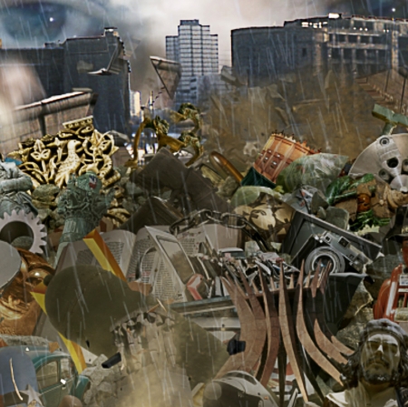 scattered objects in the foreground, buildings in the background, all covered by a wall of rain