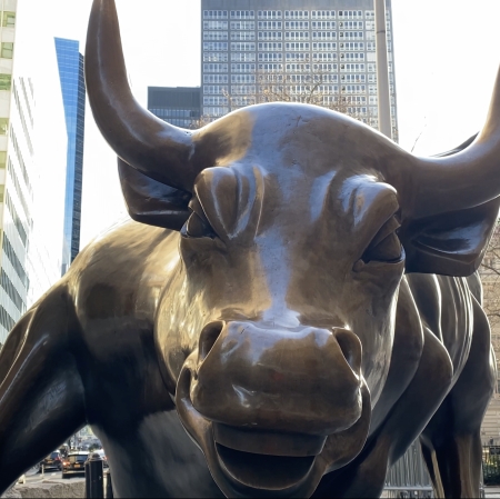 close-up of bull sculpture on wall street