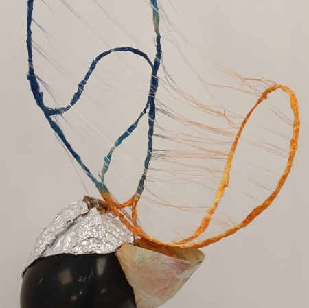 Abstrakcyjna rzeźba o organicznej formie. Centralnym elementem jest nadmuchany balon, który owinięty jest delikatnym, pogniecionym papierem. Na górze jest umocowana abstrakcyjna konstrukcja z cienkich, kolorowych nici, tworząca wrażenie delikatnej sieci lub pajęczyny.