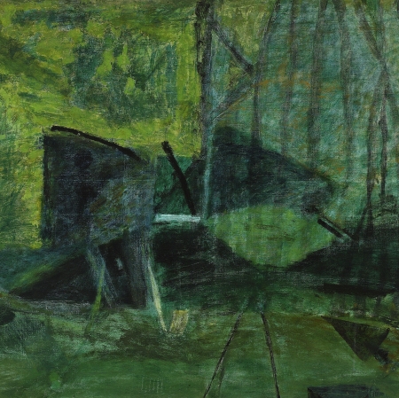Abstract painting depicting the interior of a forest