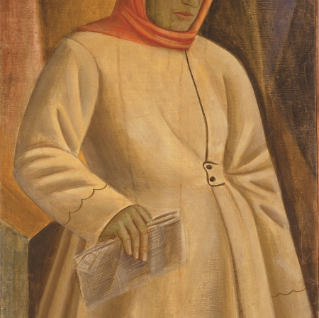 portrait of a woman wearing a coat holding a newspaper in one hand