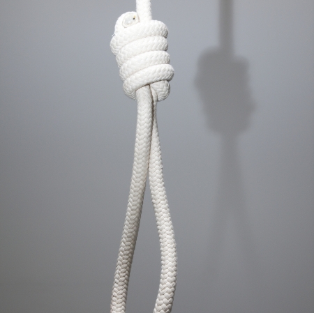 Artwork, white rope hanging from the ceiling with loop at the end of it 