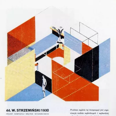 Władysław Strzemiński, Projekt kompozycji wnętrza mieszkaniowego, 1930 Źródło Katarzyna Kobro, Władysław Strzemiński, Kompozycja przestrzeni. Obliczenia rytmu czasoprzestrzennego