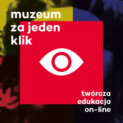 Na czerwonym kwadracie znajduje się biały piktogram oka. W tle znajdują się prostokąty różnej wielkości: czerwony, żółty, niebieski..