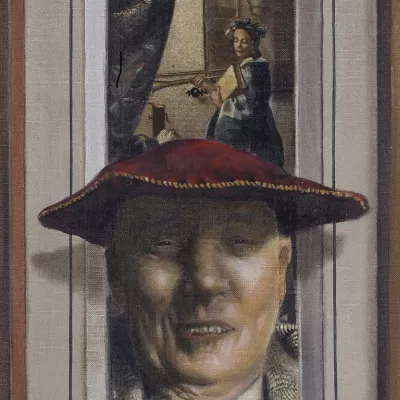 Malarska kompozycja , w centralnej części uśmiechnięta szyderczo twarz mężczyzny w czerwonej, przypominającej błazeńską czapce. W tle motyw z malarstwa Vermeera z kobietą przy oknie.