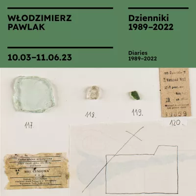 Napis "Włodzimierz Pawlak. Dzienniki 1989-2022" na zielonym tle, poniżej fragment pracy artysty