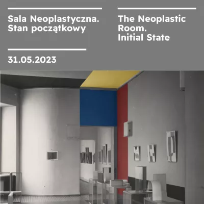 White inscription "The Neoplastic Room. Initial State" on a gray background. Below there is an old picture of Neoplastic Room