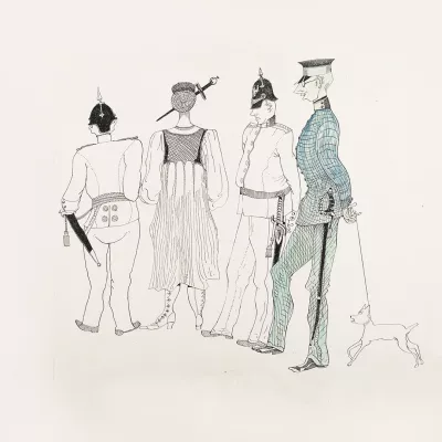 Rusynek przedstawia cztery osoby, dwóch meżczyzn w mundurach stoi bokiem i przygląda się dwóm kolejnym osobom (mężczyźnie i kobiecie) stojącym tyłem do widza. 