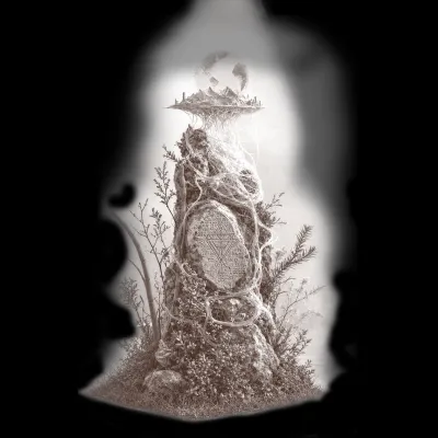 Set against a black background, the image depicts a vertical, meticulously crafted sculpture in shades of gray, rising from a small clump of earth and vegetation. Twigs rest against its stone shaft—which bears a mysterious bas-relief—while dense roots emerge from the crowning platform to support a small globe.