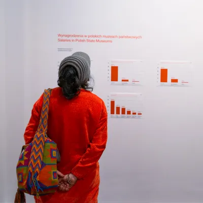 Osoba stojąca tyłem ogląda wykresy dotyczące wynagrodzeń w polskich muzeach, prezentowane na białej ścianie galerii.