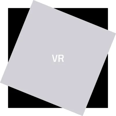 Tilted gray square on a second, black square with the text "VR"