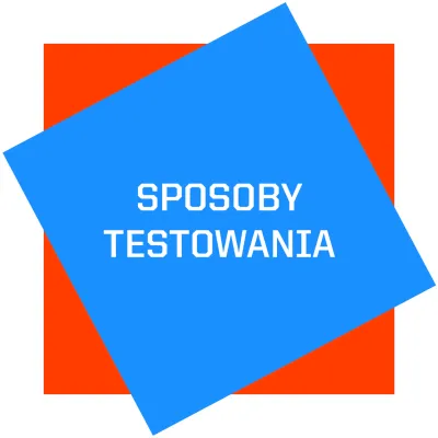 na środku czerwony kwadrat a na nim niebieski przekrzywiony kwadrat, na którym znajduje się napis SPOSOBY TESTOWANIA