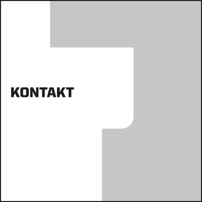 po prawo szary nieregularny kształt, po lewo napis KONTAKT