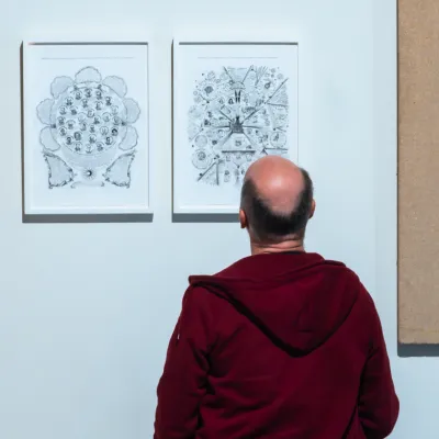 Osoba ogląda dwie oprawione grafiki autorstwa Suzanne Treister przedstawiające złożone, czarno-białe schematy i rysunki. Prace są zawieszone na jasnej ścianie galerii, a widz stoi przed nimi tyłem do aparatu.