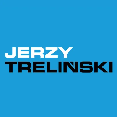Niebieskie tło, na nim biały napis Jerzy i czarny napis Treliński