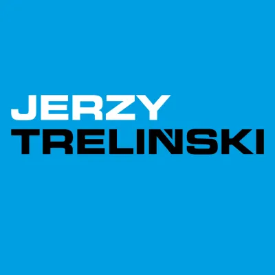 Blue background, with the white inscription Jerzy and the black inscription Treliński