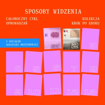 Grafika promocyjna na czerwonym tle z tytułem „Sposoby widzenia”. Po lewej napis „Całoroczny cykl oprowadzań” oraz niebieski prostokąt z tekstem „Z udziałem Agnieszki Brzeżańskiej”. Po prawej napis „Kolekcja krok po kroku”. Poniżej układ 13 ponumerowanych, różowych i kolorowych kafelków (1–13), z czego dwa pierwsze zawierają miniatury dzieł sztuki, a pozostałe są jednolite z białymi numerami.