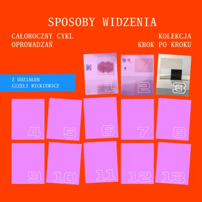 Grafika promocyjna na czerwonym tle z tytułem „Sposoby widzenia”. Po lewej napis „Całoroczny cykl oprowadzań” oraz niebieski prostokąt z tekstem „Z udziałem Gizeli Mickiewicz”. Po prawej napis „Kolekcja krok po kroku”. Poniżej układ 13 ponumerowanych, różowych i kolorowych kafelków (1–13), z czego trzy pierwsze zawierają miniatury dzieł sztuki, a pozostałe są jednolite z białymi numerami.