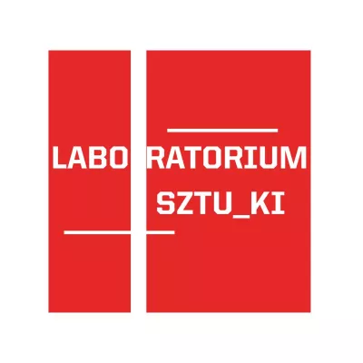 na czerwonym tle białe litery: laboratorium sztuki