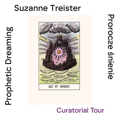 A graphic announcing a curator-led tour of Suzanne Treister’s exhibition *Prophetic Snow*. It features an image stylized as a tarot card incorporating cyber-warfare motifs, along with informational text.