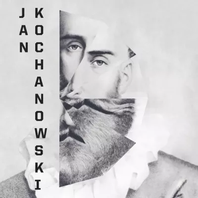Czarno-biała grafika z wizerunkiem Jana Kochanowskiego. Portret poety jest podzielony na geometryczne, przesunięte względem siebie części. Po lewej stronie widnieje pionowy napis „JAN KOCHANOWSKI”. Całość ma ziarnistą fakturę.