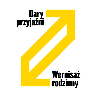 „Grafika z żółtym symbolem dwóch strzałek skierowanych w przeciwne strony. W lewym górnym rogu czarny napis 'Dary przyjaźni', w prawym dolnym 'Wernisaż rodzinny'. Tło białe.