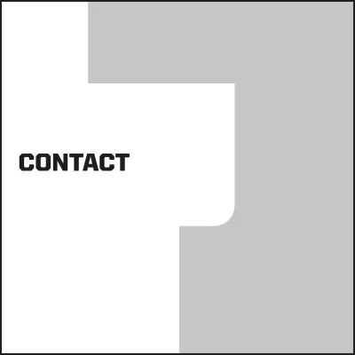 Graphic with a white and light grey background, featuring a large geometric shape and the black text “CONTACT”.
