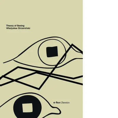 The painting depicts the beige cover of Władysław Strzemiński's book "Theory of Seeing." The main graphic motif is a black, abstract outline resembling an eye, within which simple geometric shapes are inscribed