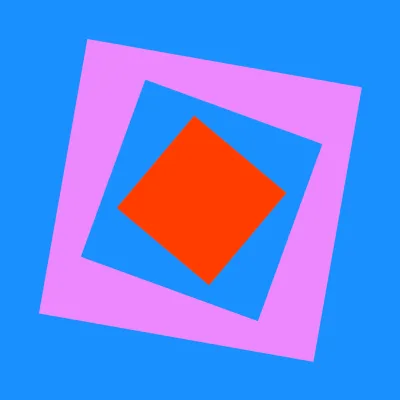 three squares on blue background, the biggest is pink, smaller blue and the smallest is orange